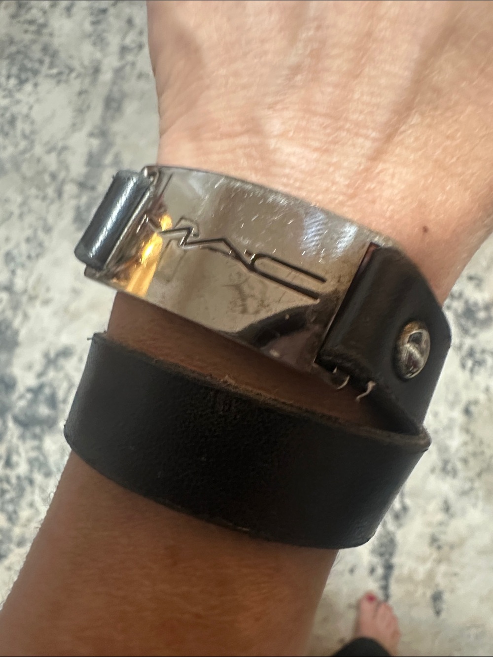 MAC Cosmetics Black Leather Bracelet with Branded Metal Plate